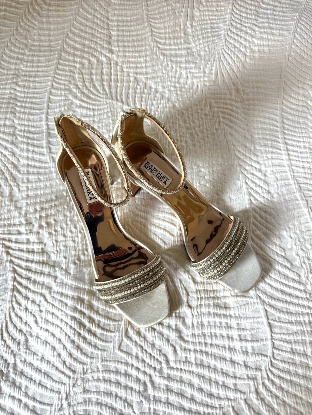 Badgley Mischka Ivory Satin Open-Toe Ankle-Strap Heels with Crystal Bands